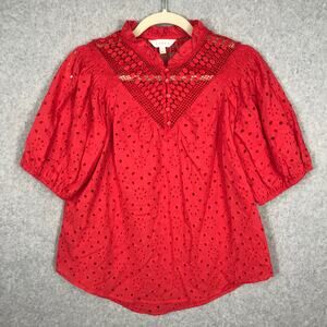 ADIVA Top Womens Small Red Blouse Eyelet Career Church Fairy Cottage Twee Tomato